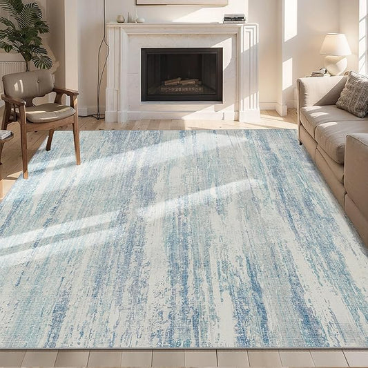 MUJOO 6x9 Area Rugs Washable,Modern Abstract Rugs for Living Room Bedroom Dining Room,Large Non Slip Throw Carpet Indoor,Low Pile Accent Neutral Blue