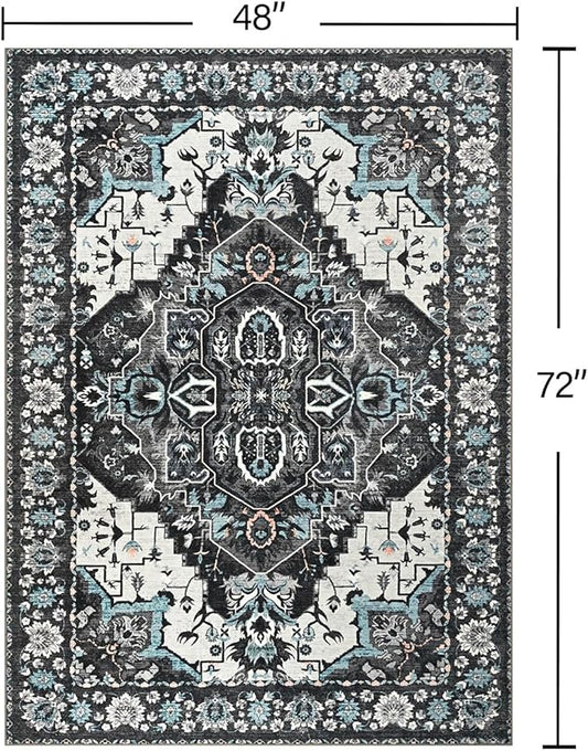 YJ.GWL Area Rugs for Living Room 4x6 Machine Washable Rugs for Bedroom, Non Slip Floral Vintage Rug Indoor Carpet, Stain Resistant Throw Rug for Dining Room Kitchen, Black Grey Blue