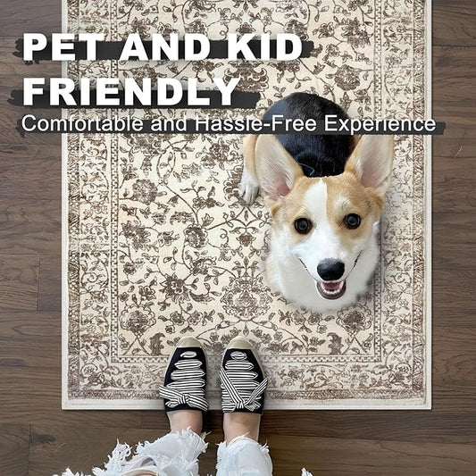 KILOCOCO Area Rug 5x7 Living Room Rug Washable Printed Vintage Floral Non Slip Soft Rubber Backed Indoor Bedroom Rugs for Laundry Room Kitchen Playroom Moroccan Area Rugs, Beige/Brown