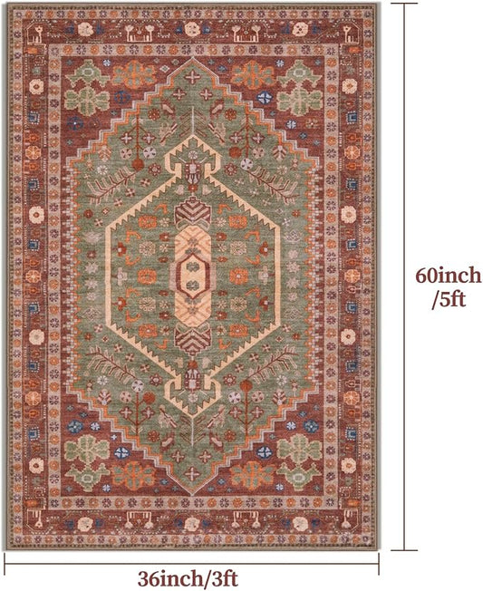 Ciicool 3x5 Area Rug,Washable Boho Rugs for Bedroom Non-Slip Indoor Rugs Large Low-Pile Mat Floor Carpet Vintage Rug for Kitchen Living Room Office Dinning Foyer Decor