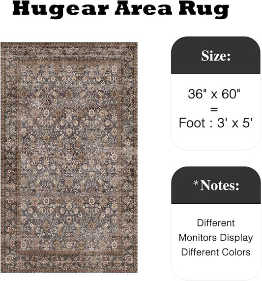 HUGEAR 3x5 Machine Washable Rugs Tradition Brown Hallway Area Rug Indoor Accent Rug Floral Low Pile Carpet Soft Throw Rug Bedroom Living Room Office Dining Room Kitchen Laundry Room Non Slip