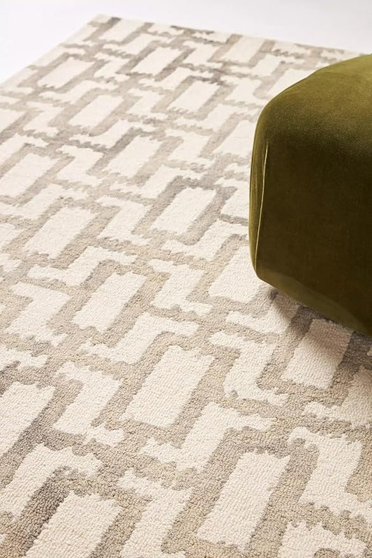 Hand-Tufted Wool Marengo Rug in Taupe – Geometric Patterned Carpet for Living Room, Bedroom & Study – Soft & Durable– 5.6 x 7.6
