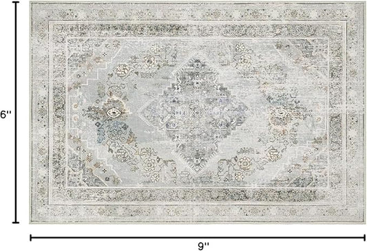 Phantoscope Washable Area Rug 6'x9' Non-Slip, Vintage Neutral Rugs for Living Room, Bedroom, Dining Room, Distressed Boho Medallion Pattern, Low-Pile Foldable Floor Carpet, Silver Grey/Taupe