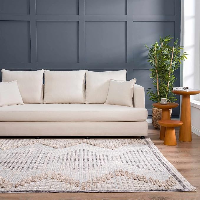Hauteloom Maulawin Farmhouse Living Room Bedroom Southwestern Tribal Area Rug - Soft Shaggy High Low Carpet - High Pile - Bohemian, Boho - Gray, Brown, Beige, Cream - 6'7" x 9'