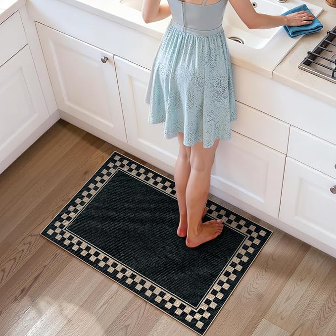 OJIA Easy Jute Kitchen Rug, 2x3 Black Indoor Door Mat Checkered Washable Area Rug Non-Slip Farmhouse Modern Outdoor Doormat Front Door Mat Indoor Entrance Throw Rugs for Entryway Doorway Bathroom