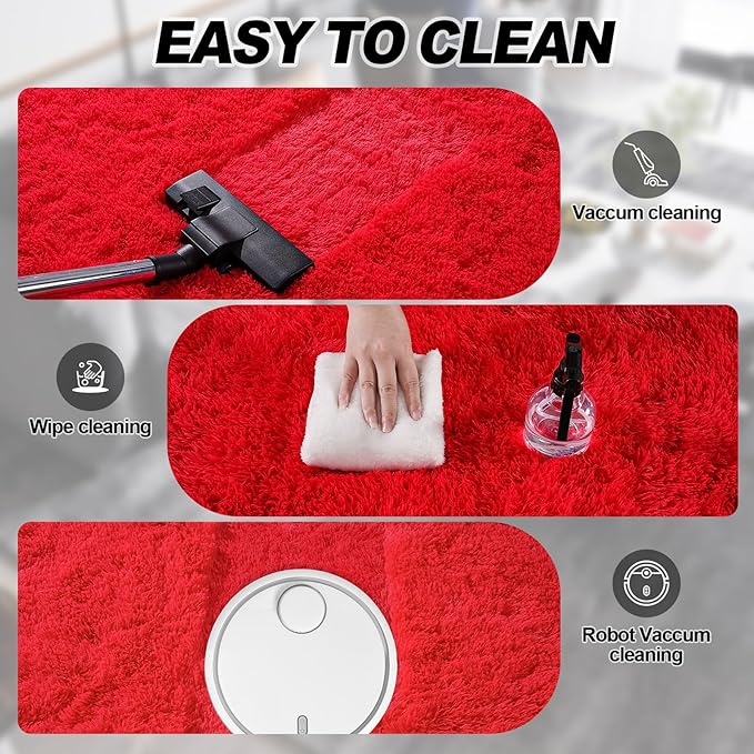 Red Fluffy Rug Plush Carpet for Bedroom Dorm, Non-Slip High Pile Rug, Shag Rug for Playroom Nursery Home Office Decor 6X9 Ft