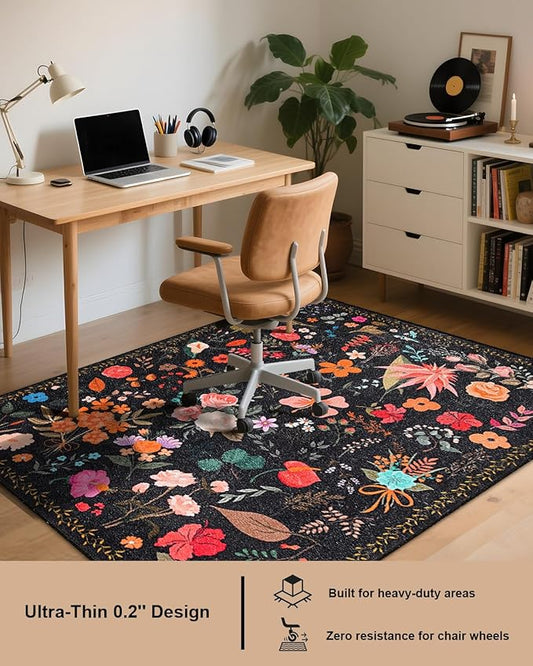 Boho Washable Area Rug 4x6 – Floral Low Pile Non-Slip Carpet for Living Room, Bedroom, Office, Playroom, Entryway, Kitchen, Dining Room (Black)