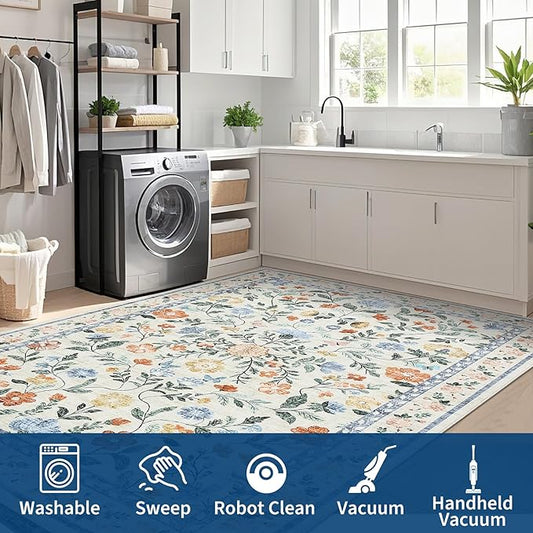 GarveeHome Washable Rug 6 x 9, Low Pile Farmhouse Floral Rug, Non-Shedding Indoor Foldable Printed Carpet Non-Slip Soft Vintage Throw for Bedroom Dining Room Kitchen, Green