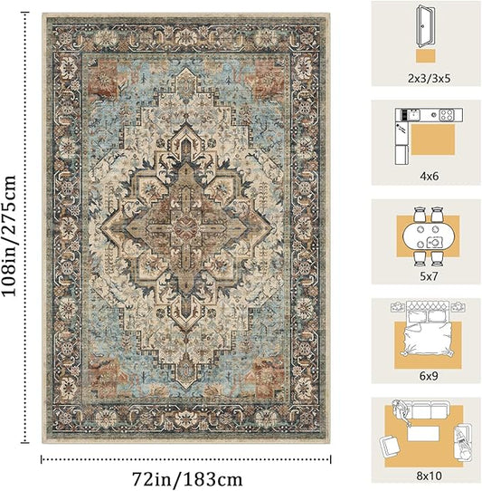 6x9 Machine Washable Area Rug for Living Room, Blue Beige Boho Vintage Floral Rug Large Non-Slip Low Pile Soft Faux Wool Carpet, Kids and Pets Friendly for Bedroom Dining Room Farmhouse Decor Rug