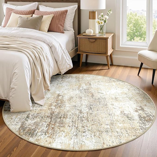 Washable Area Rugs 4ft Non-Slip Modern Abstract Soft for Living Room Entryway Bedroom Nursery, Print Pattern, Neutral Brown Gray