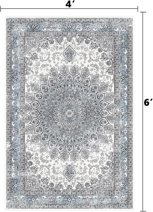 4’x6’ Area Rugs for Living Room Non Slip Washable Low Pile Area Rugs for Bedroom Dining Foldable Vintage Carpets Blue