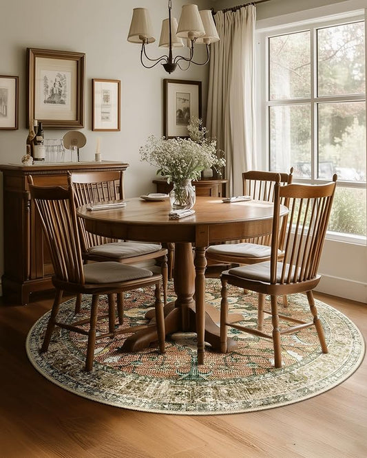 Area Rugs 5ft Washable Non-Slip, Floral Vintage Distress Print Pattern Medallion Carpet for Living Room Bedroom Dining Room, Brick Red Rust Neutral Brown Burnt Orange