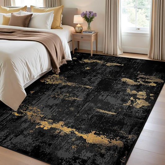Washable Area Rugs 4'x6' Non-Slip Modern Abstract Soft for Living Room Entryway Bedroom Nursery, Print Pattern, Dark Black Gold