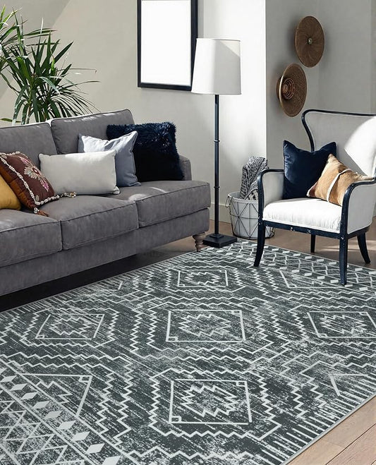 Wonnitar Moroccan 6x9 Area Rugs, Washable Grey Rugs for Living Room, Large Soft Bedroom Throw Rug, Non-Slip Stain Resistant Thin Boho Floor Carpet for Dining Room Home Office Decor (Dark Grey,6'x9')