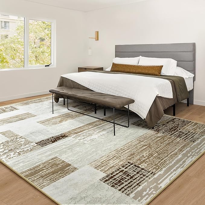 Large Area Rugs,Modern Geometric Patchwork Floor Decor for Bedroom Aesthetic Carpet, Rockwood Collection, Indoor Rugs for Living Room, Dining Room, Nursery, Office, Machine Washable Rug,9x12 Ft Beige