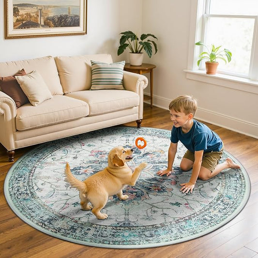 Area Rugs 5ft Washable Non-Slip, Floral Vintage Distress Print Pattern Medallion Carpet for Living Room Bedroom Dining Room, Green Navy Blue White Red Teal Colorful