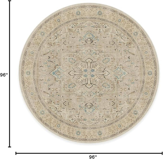 RUGGABLE Washable Vintage Area Rug – Kamran Ivory Opal 8 ft Round, Stain-Resistant, Non-Slip – Large Machine Washable Rugs for Living Room, Bedroom, Hallway, Entryway & Office–with Cushioned Pad