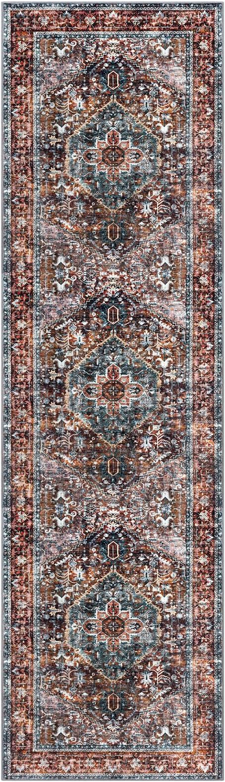 KOZYFLY Area Rug 3x10 Ft Washable Boho Runner Rug for Entryway Hallway Indoor Printed Faux Wool Carpet for Bedroom Kitchen Hall, Brick Red/Orange/Green