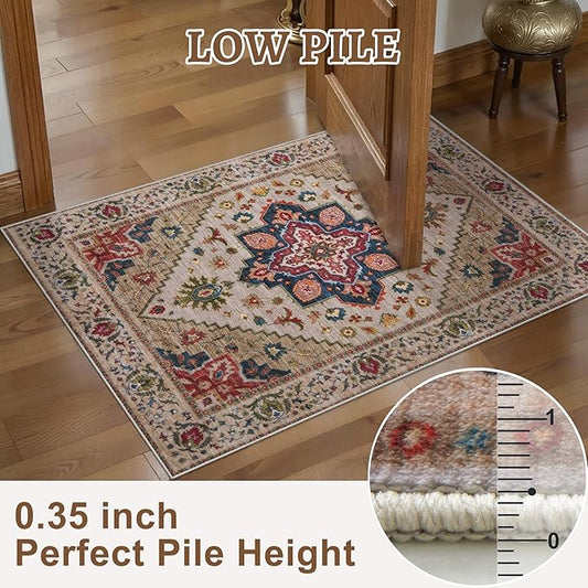 Tangsoo 2x6 Washable Runner Rug for Hallways, Non Slip Vintage Runner Rug, Soft Boho Low Pile Long Rug Runner, Carpet Runners for Kitchen Bedroom Entryway Bathroom Living Room Beige/Red