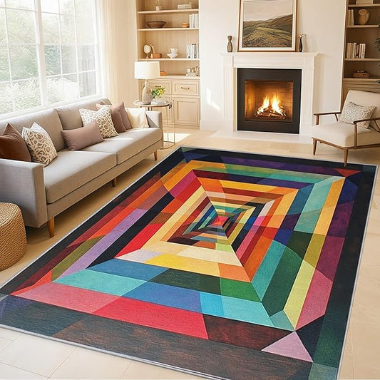8x12 Colorful Geometry Rugs for Bedroom Decor, Washable Abstract Geometric Pattern Area Rug, Living Room Home Decoration, Non Slip Soft Thin, Abstract Art Decor Large Carpet PF-P 49