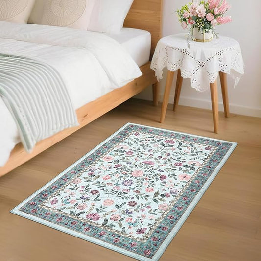GarveeHome 2x3 Floral Rugs for Entryway, Non-Slip Soft Vintage Throw Door Mat, Low Pile Foldable Farmhouse Carpet, Non-Shedding Indoor Washable Small Rug for Bedroom, Light Blue