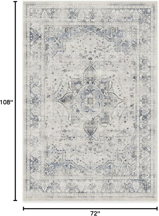 RUGGABLE Washable Vintage Area Rug – Sarrah Blue Quartz 6x9, Stain-Resistant, Non-Slip – Medium Machine Washable Rugs for Living Room, Bedroom, Hallway, Entryway & Office–with Cushioned Pad