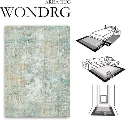 10x12 Area Rug Teal Beige Abstract Living Room Bedroom Washable Carpet Neutral Modern Non-Slip Soft Low Pile Lightweight Vacuumable Large Throw Rug for Dining Room