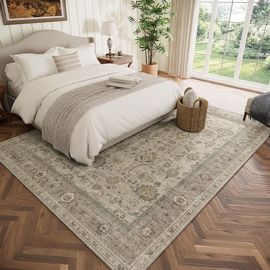 Washable 5x7 Area Rugs for Living Room, Boho Non-Slip Vintage Distress Rugs for Bedroom Dining Room Nursery Office, 0.3" Neutral Oriental Throw Thin Carpet with Cushioning Pad, Flaxen/Brown/Multi