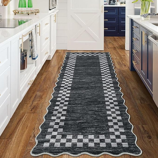 GarveeHome Hallway Runner Rug 2x6 Non Slip Scalloped Washable Rug for Kitchen Entry Stain Resistant Modern Border Throw Floor Carpet Long Runner Mat for Bathroom Living Room Bedside, Grey