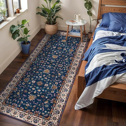 Tangspp Floral Washable Runner Rug, 2x5 Rug Runners for Hallways Non Slip, Vintage Boho Runner Rug for Entryway Indoor, Blue Print Carpet Runner, Soft Low Pile Runner for Kitchen Bedroom Navy Blue