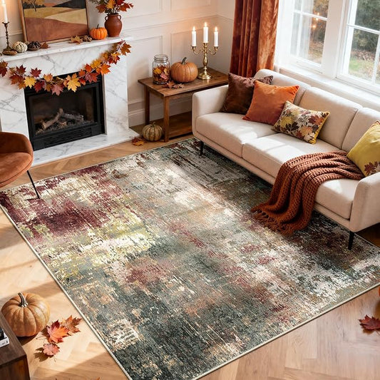 Washable Area Rugs 8'x10' Non-Slip Modern Abstract Soft for Living Room Entryway Bedroom Nursery, Print Pattern, Brown Rust Red Multi