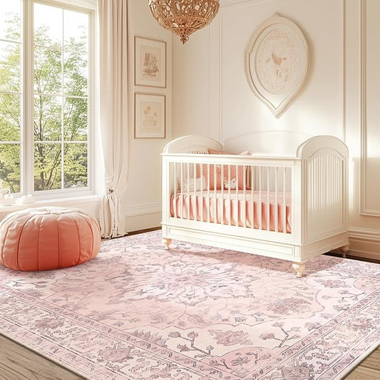 Area Rugs 6'x8' Washable Non-Slip, Floral Vintage Distress Print Pattern Medallion Carpet for Living Room Bedroom Dining Room, Pink Greypink Cute