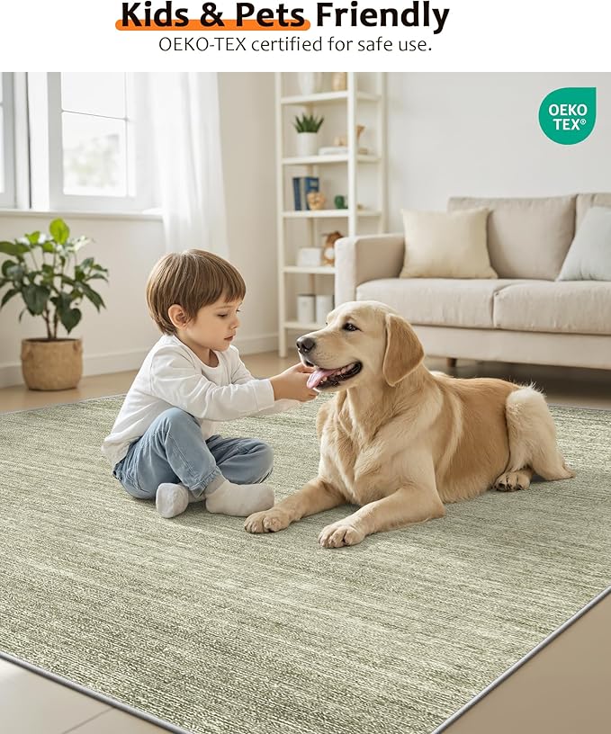 Art&Tuft Washable Rugs 6x9, Low Pile Area Rugs for Living Room - Non Slip and Stain Resistant Soft Thin 6x9 Rug for Bedroom, Dining Room, Kitchen, Office, Green