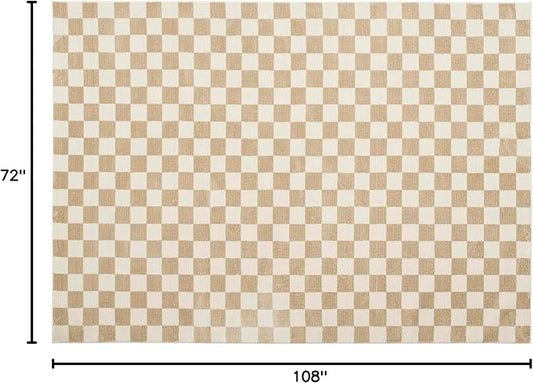 Revival Rugs Gambit 6'7"x9' Checkered Rug Washable Area Rug for Living Room Bedroom - 100% Recycled Oeko-TEX Certified, Medium Pile, Camel, Beige