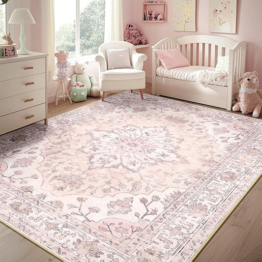 Area Rugs 6'x9' Washable Non-Slip, Floral Vintage Distress Print Pattern Medallion Carpet for Living Room Bedroom Dining Room, Pink Greypink Cute