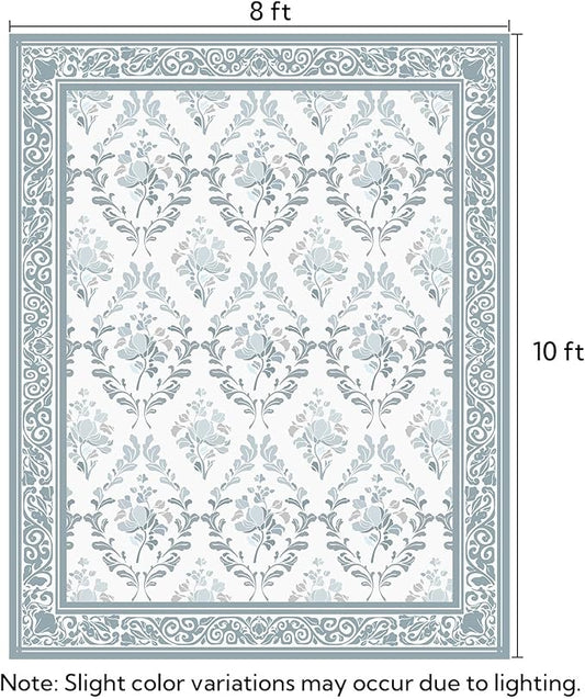 SOULFUL Medium Pile 8x10 Rugs for Living Room - Soft Underfoot Large Area Rug - Mist Blue Boho Floral - Washable Non-Slip - Perfect for Bedroom Kids Room Under Dining Table Office