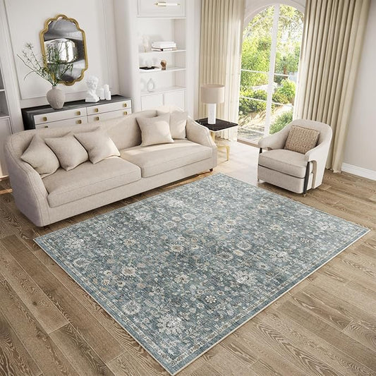 Washable Area Rugs 5'x7' Non-Slip Vintage Boho Distressed Fade Resistant Low Pile Carpet for High-Traffic Living Room, Bedroom & Dining Room