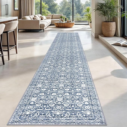 Runner Rug 2.6x18, Light Blue White Washable Long Hallway Rug Runner Non-Slip Soft Kitchen Runner Thin Printed Faux Wool Super Soft Carpet for Entryway Bedroom Laundry Room Indoor Home Decor