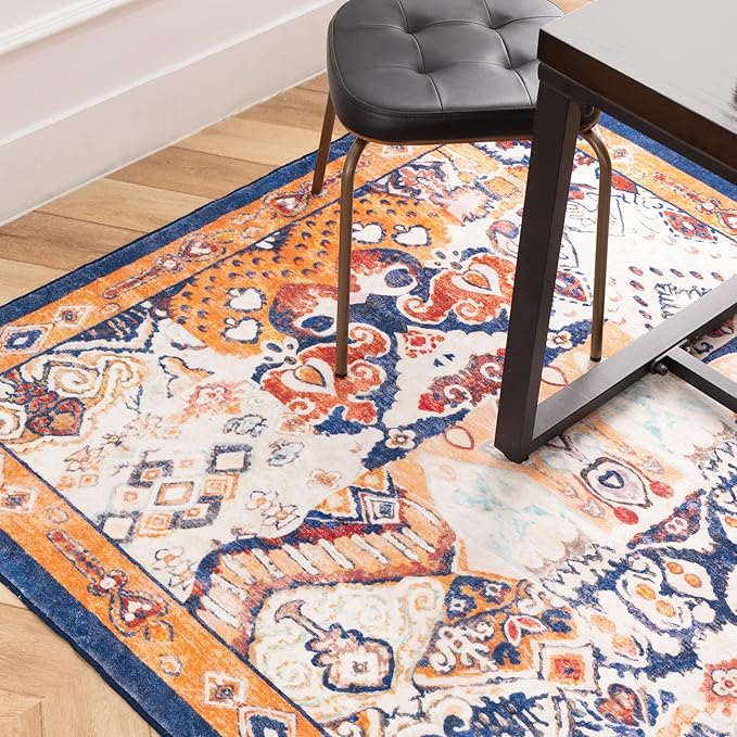Phantoscope Washable Runner Rug 2'x10' Non-Slip, Vintage Boho Hallway Rugs for Entryway, Stair, Bedroom, Dining Room, Distressed Persian Market Pattern, Low-Pile Foldable Floor Carpet, Navy/Orange