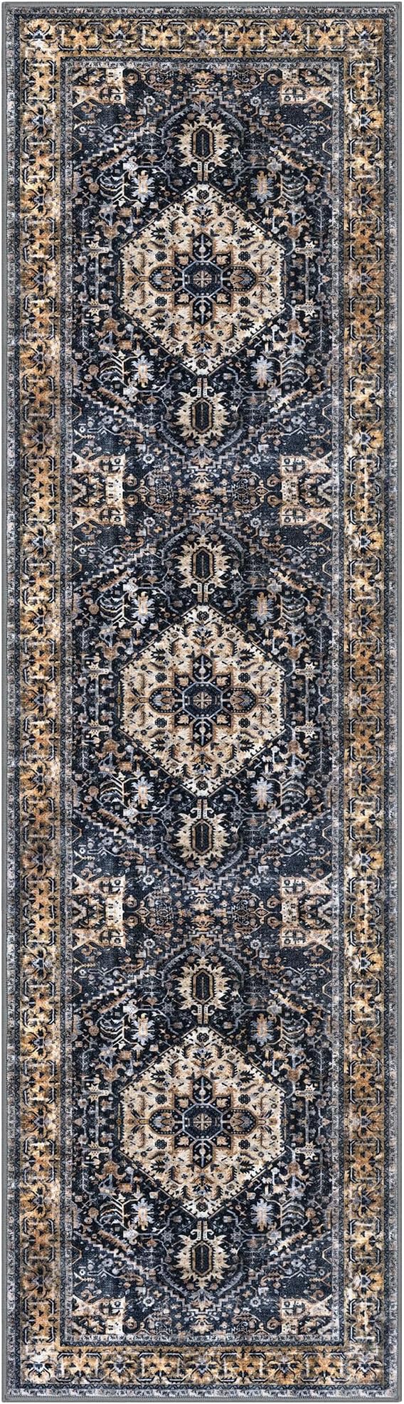 KOZYFLY Runners for Hallways 2x8 Ft Washable Kitchen Runner Rug Boho Runner Rug for Entryway Indoor Gold Navy Printed Oriental Faux Wool Floor Carpet Runner for Bedroom Kitchen Hall