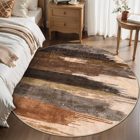 Ciicool 5ft Round Washable Rug, Modern Abstract Circle Rugs, Non-Slip Thin Lightweight Rug Black Brown Circular Print Distressed Carpet for Bedroom Living Room Under Dining Table Home Office Decor