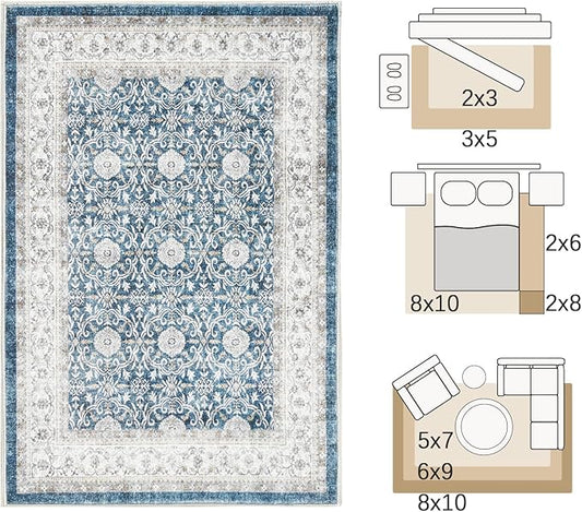jinchan Floral Area Rugs 4x6 Machine Washable Vintage Distressed Boho Design Throw Rug Stain Resistant Carpet Low Pile Ultra-Thin Non-Slip for Bedroom Living Room Dining Room Kitchen(4‘x6', Drak Blue)