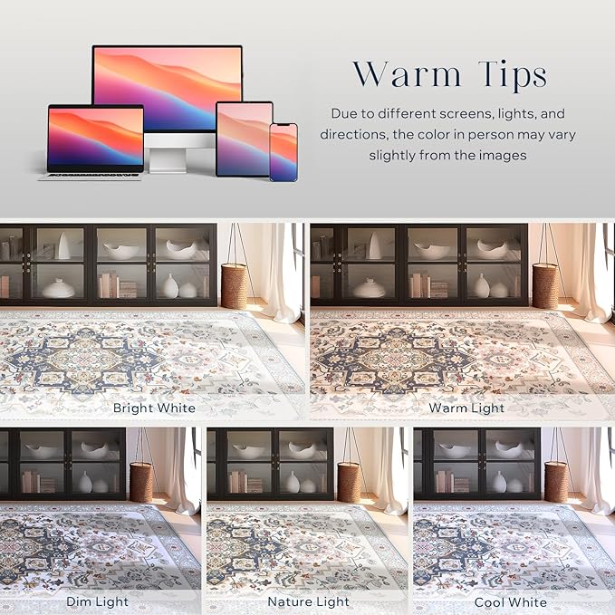 Phantoscope Washable Runner Rug 2'x10' Non-Slip, Vintage Boho Hallway Rugs for Entryway, Stair, Bedroom, Persian Floral Medallion Pattern, Low-Pile Foldable Floor Carpet, Ivory Blue/Garden Bloom