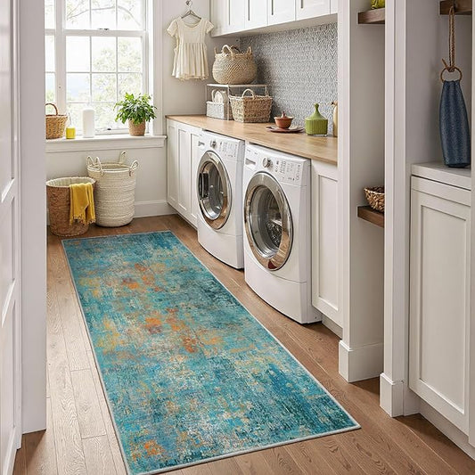 Washable Area Rugs 2'x6' Non-Slip Modern Abstract Soft for Living Room Entryway Bedroom Nursery, Print Pattern, Teal Blue Green Orange Rust Red Coloreful