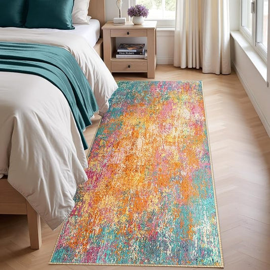 Washable Area Rugs 2'x6' Non-Slip Modern Abstract Soft for Living Room Entryway Bedroom Nursery, Print Pattern, Orange Blue Pink Yellow Colorful