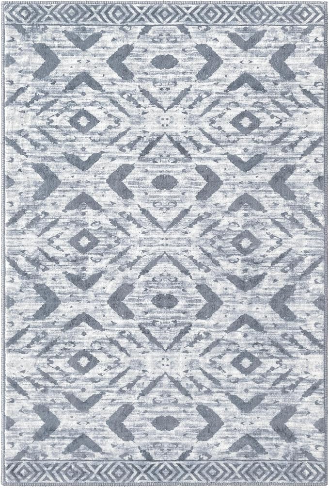 KILOCOCO Boho Entryway Rug 2x3 Printed Small Area Rug Indoor Door Mat Machine Washable Kitchen Rugs Super Soft Non Slip Throw Rugs for Bedroom Entrance Geometric Laundry Room, Gray/White