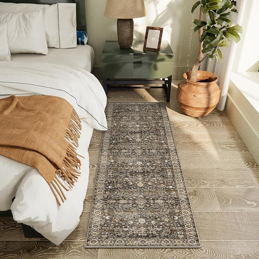 2'x6' Washable Runner Rug Utral Soft Lightweight Vintage Boho Distressed Non-Slip Backing,Low Pile Stain Resistant Farmhouse Rug for High-Traffic Hallway, Kitchen & Laundry