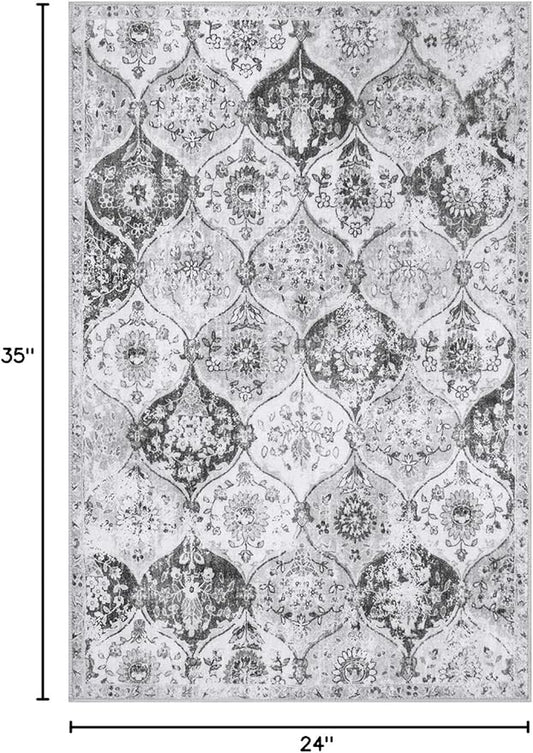 Lahome Moroccan Trellis Washable Rug, 2x3 Kitchen Rugs for Entryway Bathroom, Non-Slip Indoor Door Mat Ultra-Thin, Small Oriental Throw Carpet for Bedroom Entry, Silver/Grey