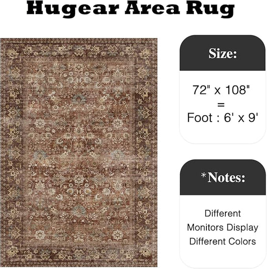 HUGEAR 6x9 Machine Washable Rugs Brick Red Hallway Large Area Rug Indoor Accent Rug Floral Low Pile Carpet Soft Throw Aesthetic Rug Bedroom Living Room Office Dining Room Kitchen Laundry Room
