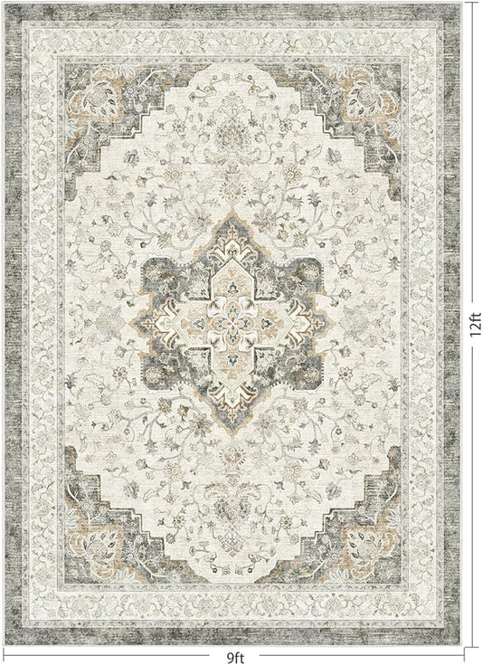 Marsail 9x12 Machine Washable Area Rug, Soft & Slip-Resistant Large Area Rug with Reinforced Bound Edges, Vintage Short-Pile Washable Rug with Floral Pattern for Living Room, Dinning Room and Bedroom